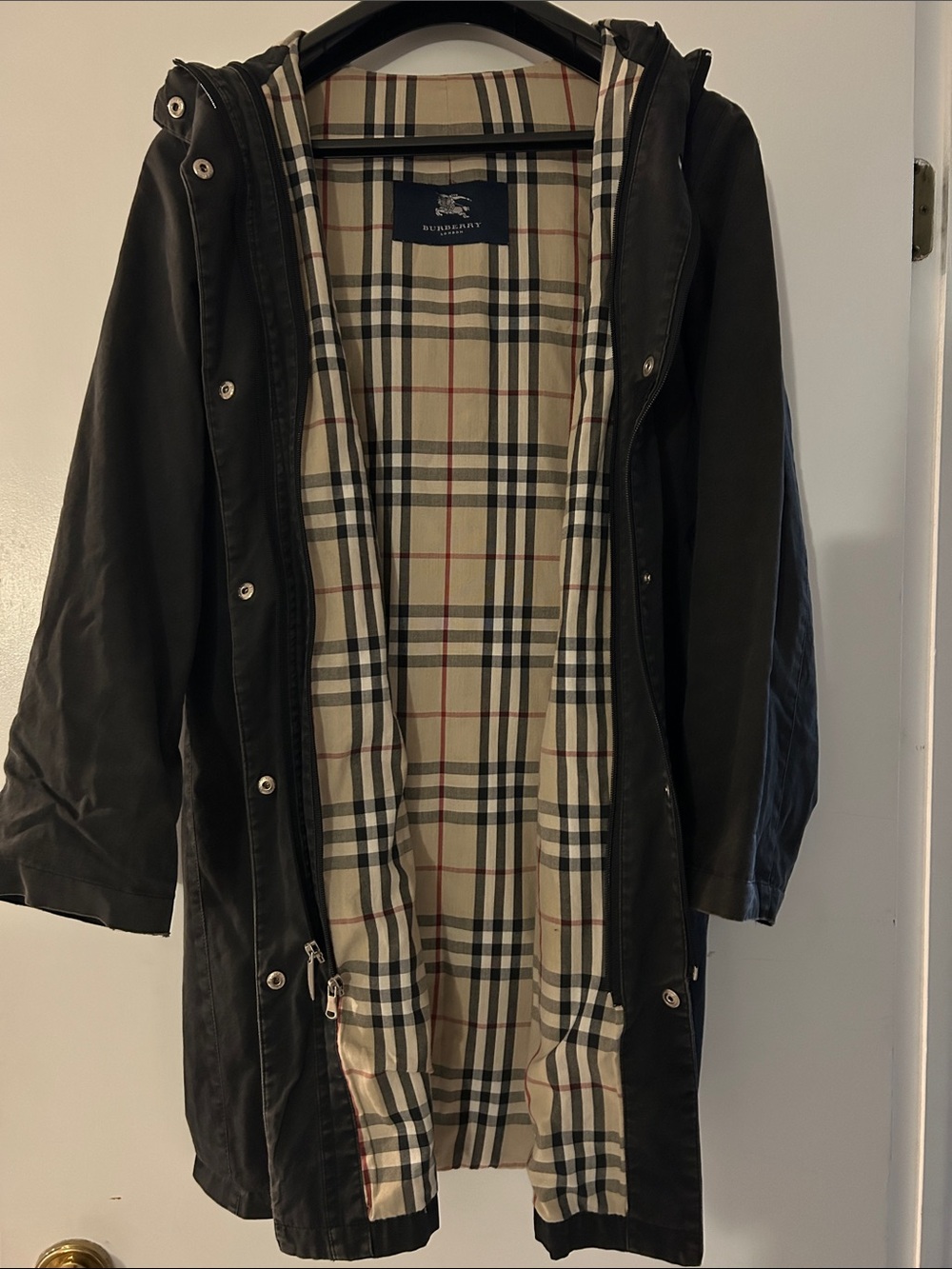 Burberry Black Hooded Trench Coat with Beige Nova Check Lining